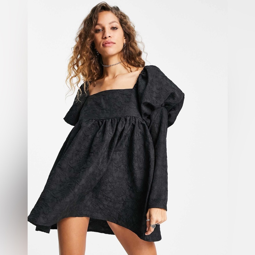Asos Designs Jacquard Mini Dress Black Sz US12 Puff Sleeve Rococo Goth Babydoll